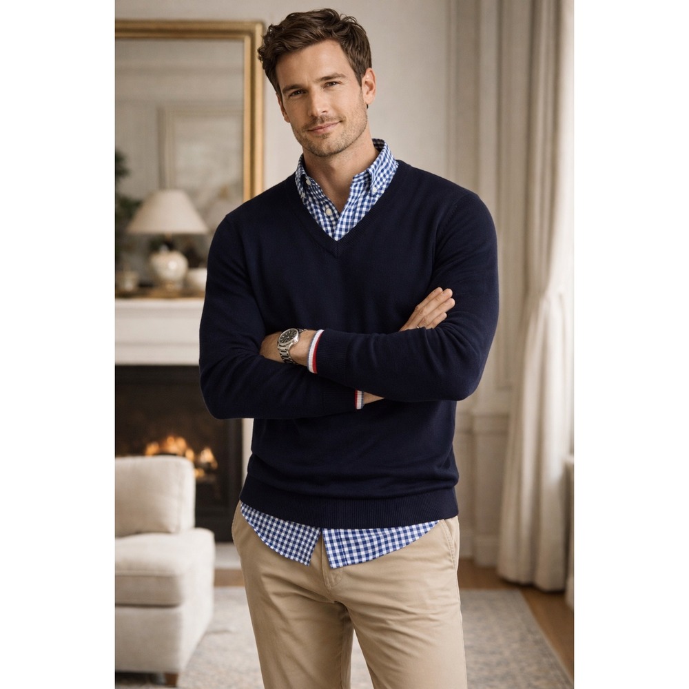 Tommy Hilfiger Men's XL Layered V-Neck Sweater Shirt Preppy Navy